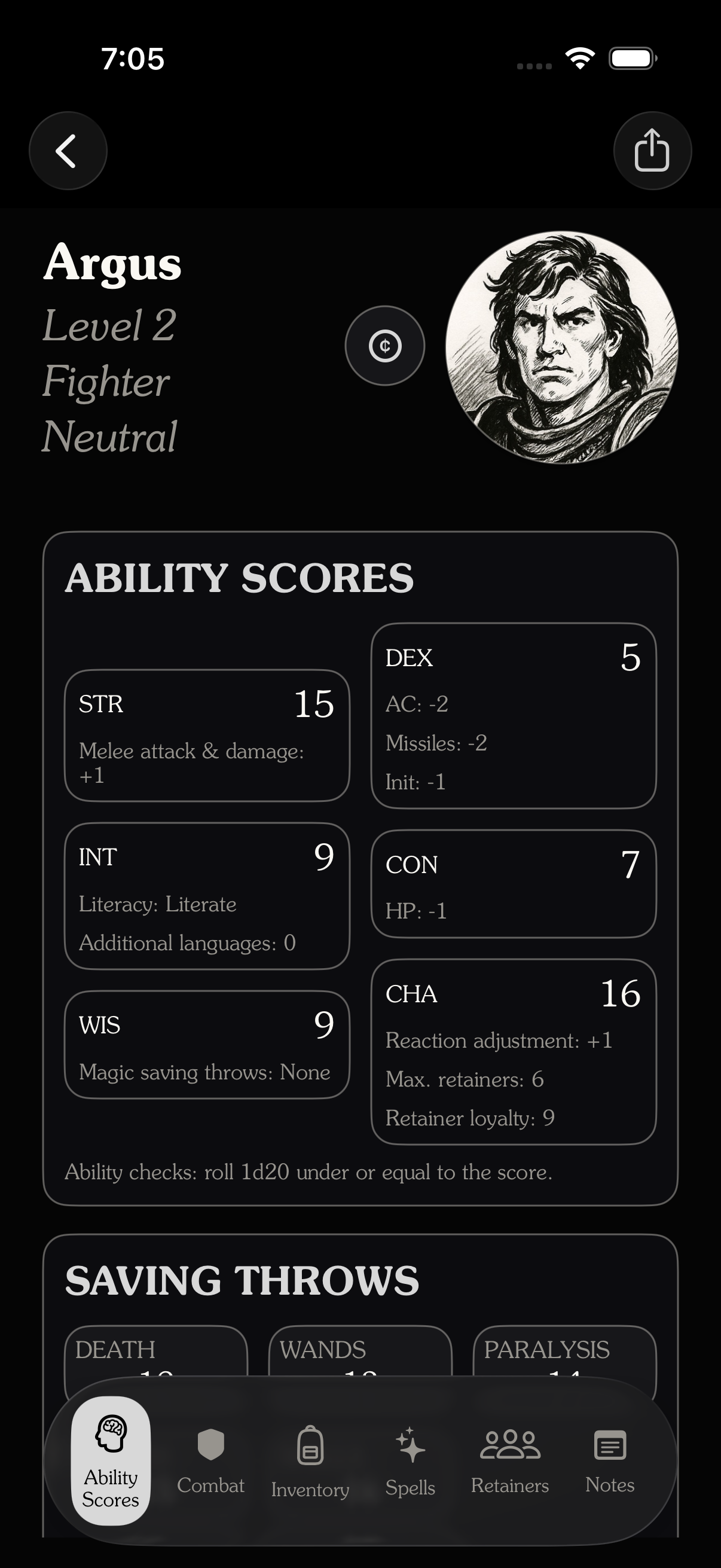Ability scores screen