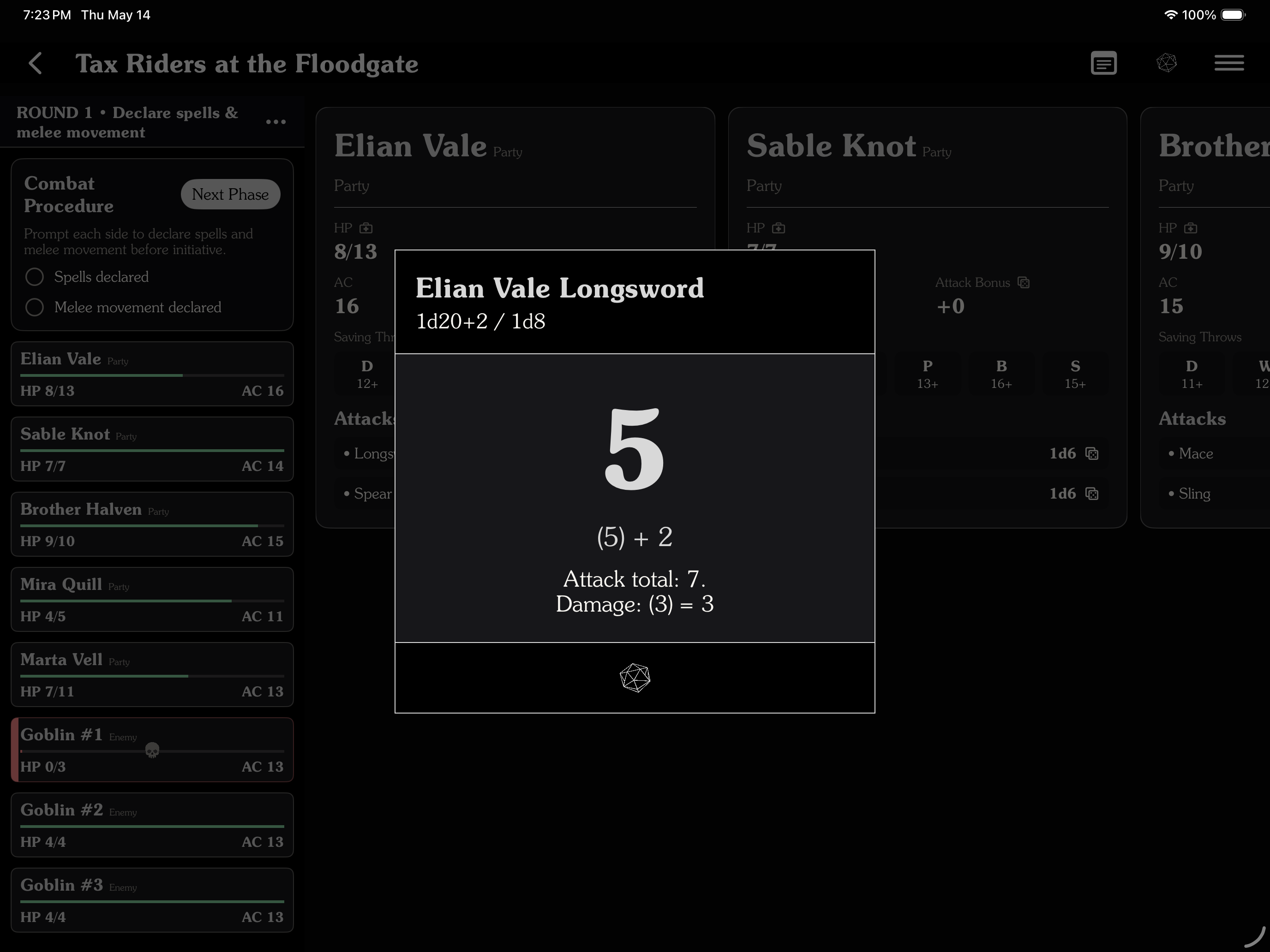 iPad encounter combat with dice roller